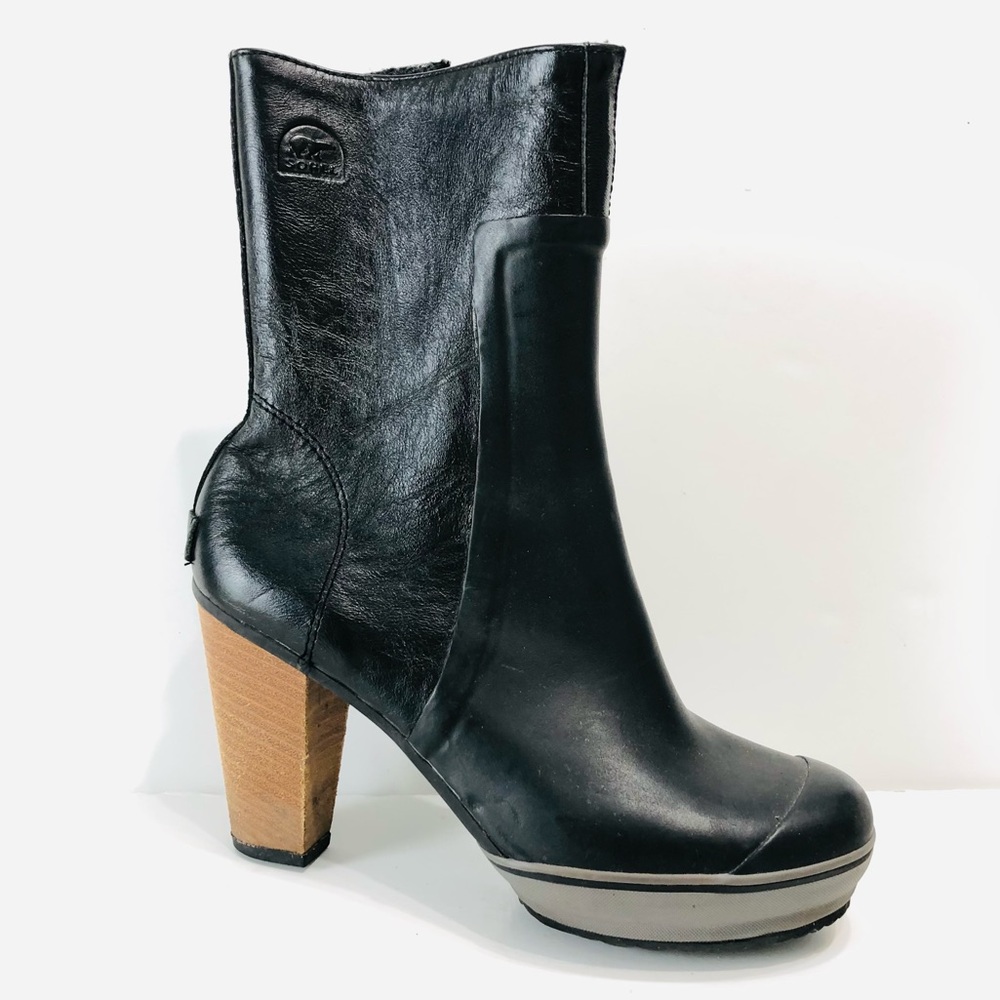 SOREL Medina Boot Tall Platform Block Heel Black Leather Rubber Zip Rain 9.5